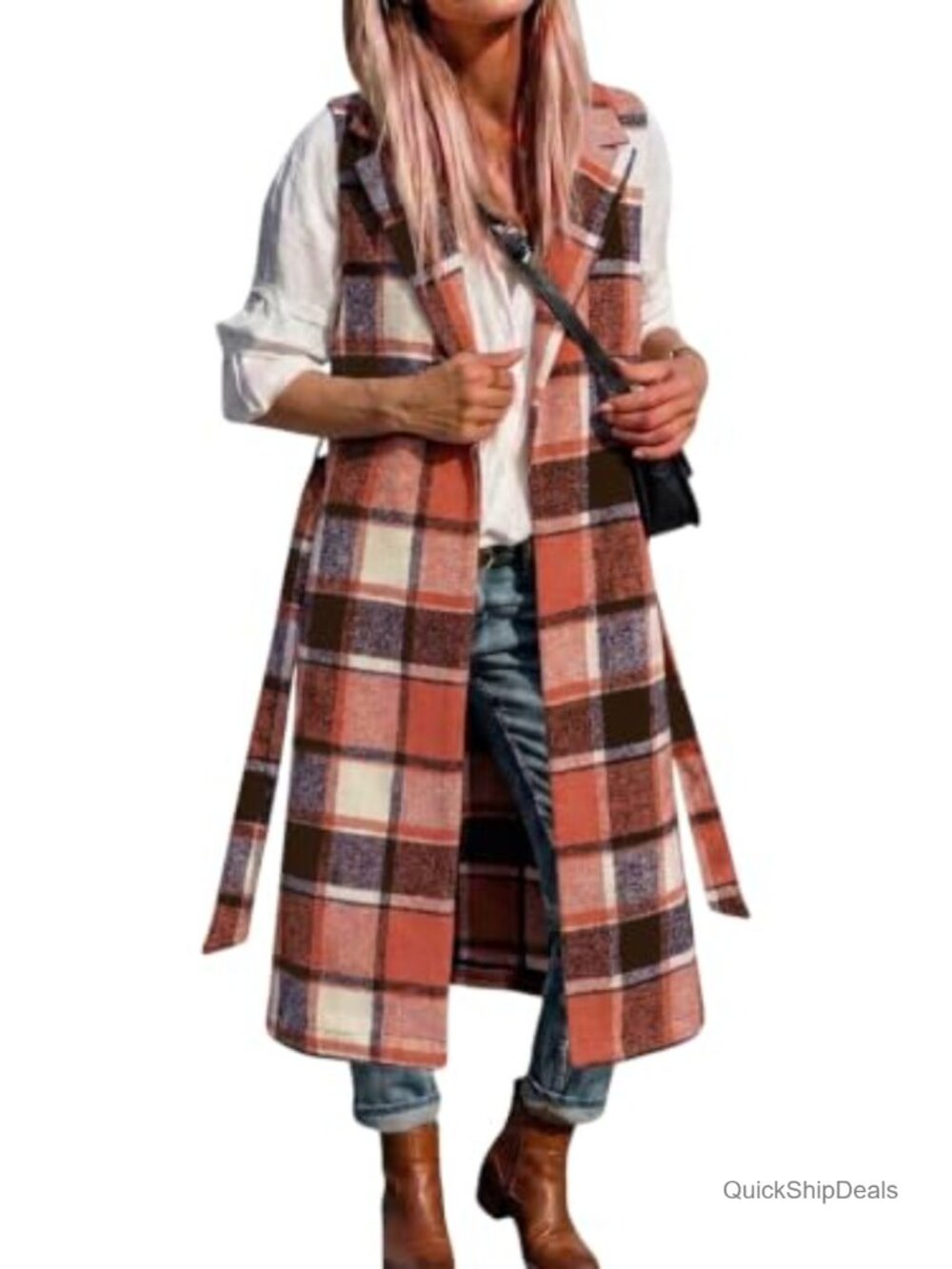 Long Plaid Wool Blend Sleeveless Trench Coat Vest with Belt Notch Lapel Open